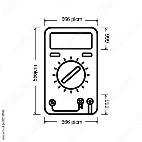 Technical drawing of a digital multimeter with dimensions