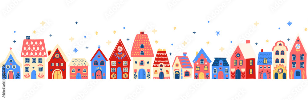 Naklejka premium Scandinavian Winter Village seamless border pattern, Cozy Folk Art Houses Illustration