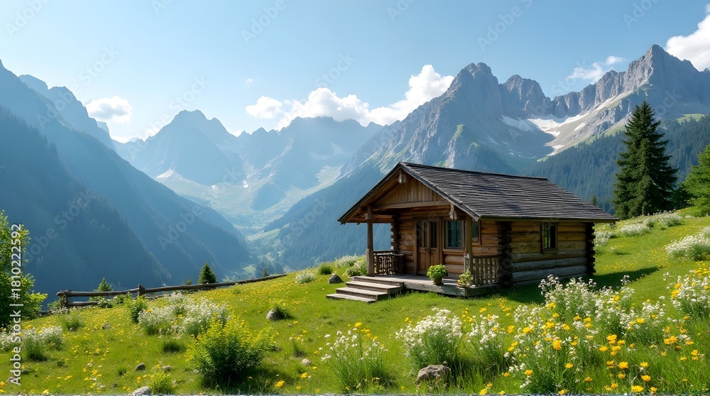 Fototapeta premium Cozy alpine cabin with mountain meadow landscape 