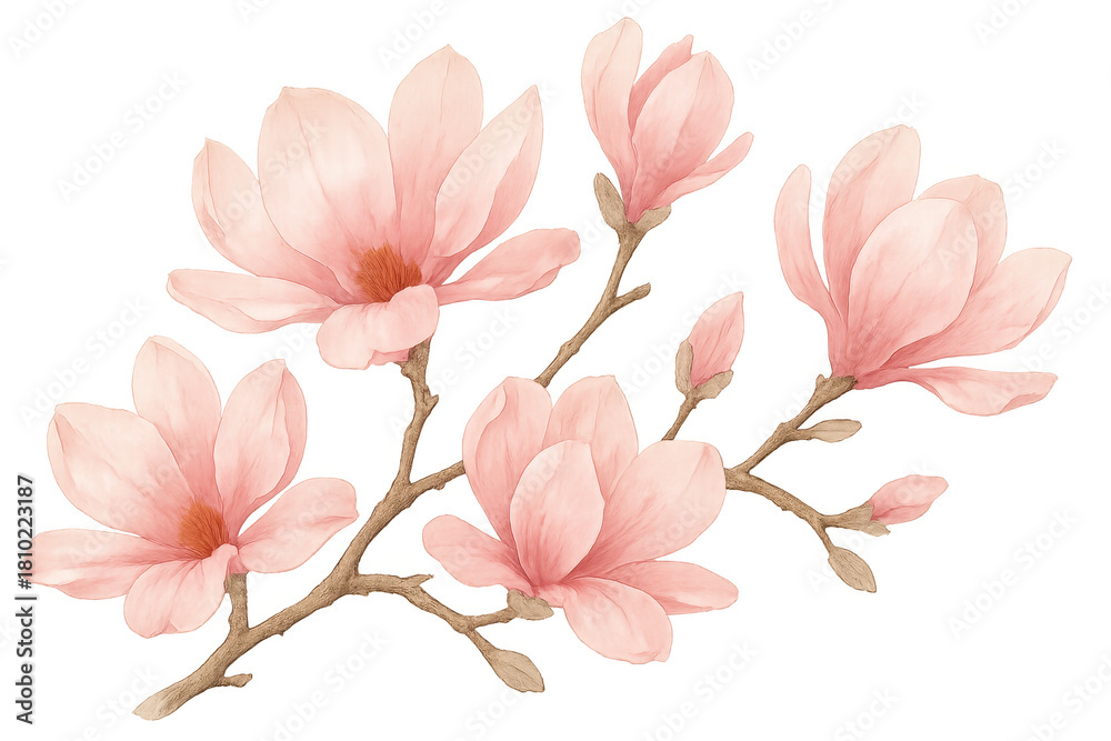 Obraz premium Pink magnolia flowers on a branch with watercolor painting style illustrating spring bloom and botanical beauty with transparent background