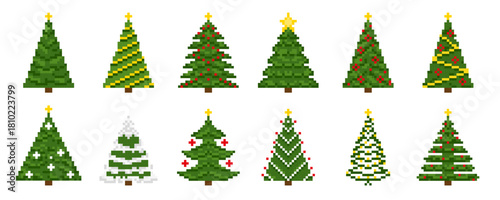 Pixel Christmas tree game icon vector set. Retro computer 8 bit pixelated winter holiday elements