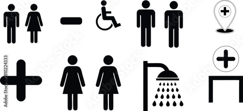 Simple black and white iconography for public restrooms and medical facilities