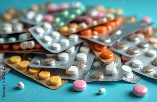 Heap of assorted blister packs, loose pills scattered across blue surface. Colorful tablets, capsules, medical supplies create chaotic yet ordered medical supply arrangement, medication quantity.