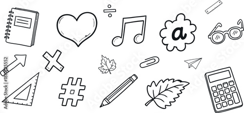 Hand drawn school and learning icons in black and white doodle style