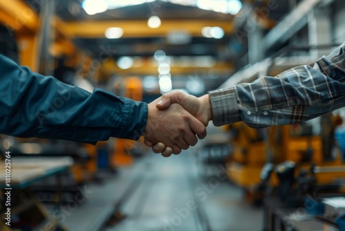 Two adults shaking hands in a factory setting expressing agreement