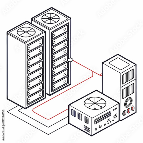 Isometric Server Room and Data Center Vector Illustration | Network Infrastructure, Server Rack, and Computer Hardware Line Art
