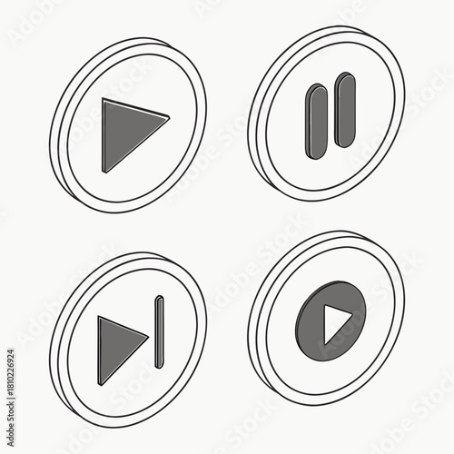 Isometric Media Player Vector Icons Set | Play, Pause, Next Track, and Controls UI/UX Symbols