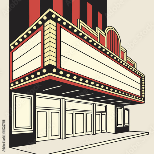 Retro Movie Theater Marquee with Copy Space | Vintage Cinema Building in Art Deco Style Vector Illustration