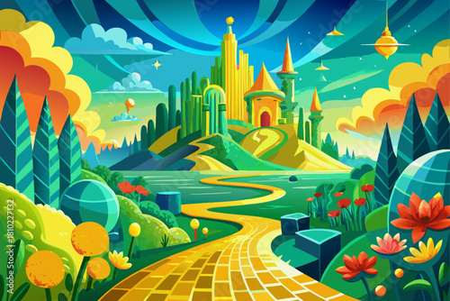 A vibrant depiction of the Emerald City with its iconic yellow brick road, glowing poppy fields, magical landscapes, exotic fantasy landscapes, and a colorful art style inspired by the classic storybo