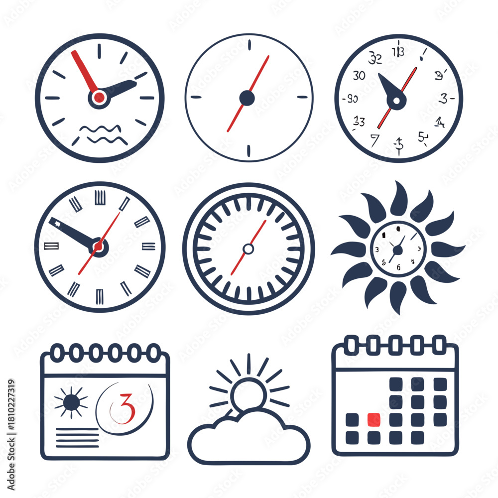 Obraz premium Time, Weather, and Calendar Icon Set Vector