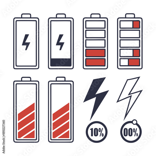 Battery Charge Status Indicator Icons Set | Power Level, Low Energy, and Charging Symbols Vector
