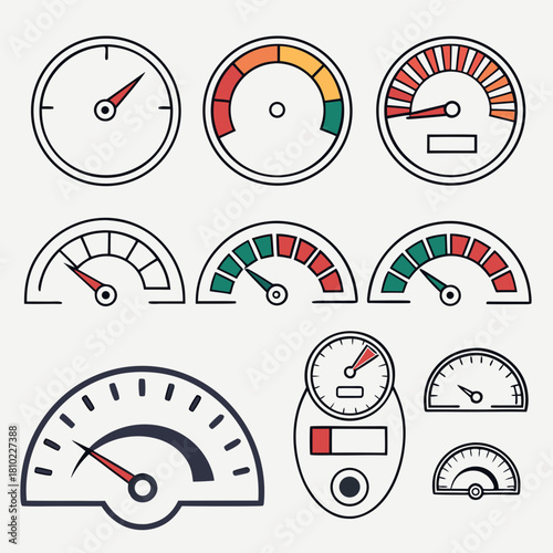 Collection of Speedometer, Tachometer, and Gauge Icons Set