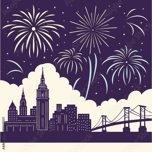 City Skyline Celebration with Fireworks at Night | New Year's Eve or Holiday Event Vector Illustration