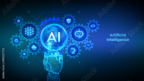 AI. Artificial Intelligence. Machine Learning Concept. Big data. Neural networks. Wavy grid sphere. Wireframe hand touching digital interface with connected gears cogs and icons. Vector illustration.