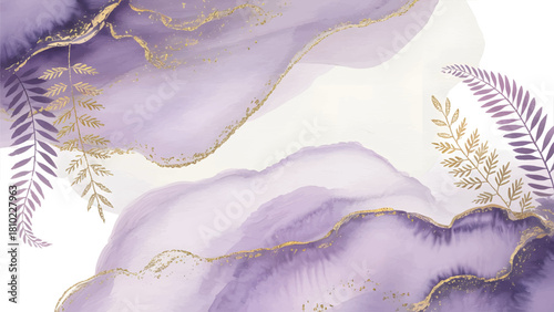 Luxury purple and gold liquid marble watercolor background , Elegant flowing violet abstract border with golden fern leaves , Premium artistic vector template: lilac and gold agate design