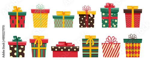 Christmas Gift Present Box Vector Set. Wrapped surprise boxes decorated ribbon, bow and pattern