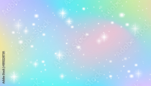 Pastel unicorn holographic gradient with sparkles.Soft pink,purple and rainbow fantasy background for magical vector illustration, dreamy kids party design,festive wallpaper fairytale-themed decor