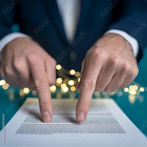 Hands and fingers pointing business document paper with important text, emphasizing contract details suit with blurred lights background focused