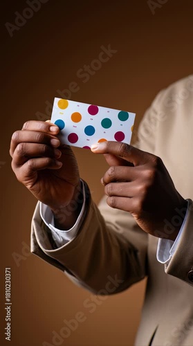 Person holding colorful polka dot card with hand in beige suit jacket showing focus on personal organization and motivation with habit tracker dots