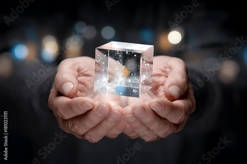 Hands holding transparent glowing cube with sparkling particles inside symbolizing technology innovation futuristic concept and magical atmosphere