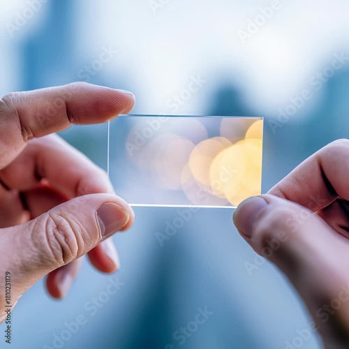 Transparent glass card held by fingers and hands with blurred bokeh light background creating soft glowing and delicate blur effect