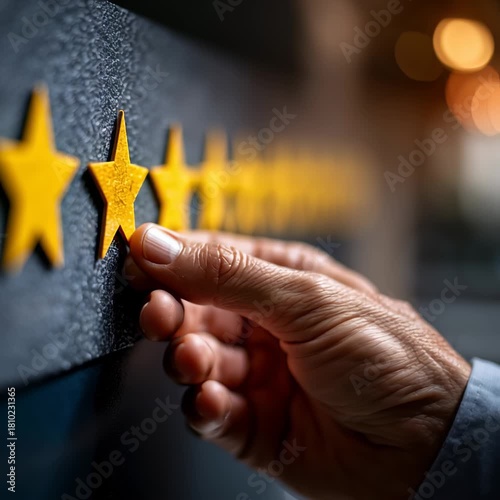 Hand placing yellow star sticker on textured black surface close up symbolizing achievement positive recognition warm focused atmosphere lights