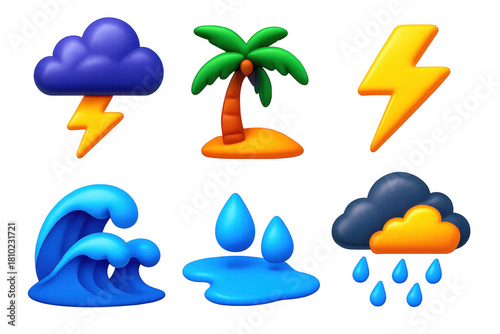 Set of six different weather icons, including a palm tree, a wave, a cloud, a raindrop, a lightning bolt, and a storm cloud. The icons are all in different colors and sizes