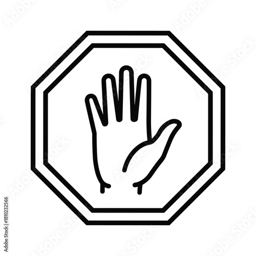 Stop hand symbol inside an octagonal stop sign outline in a simple black and white line drawing