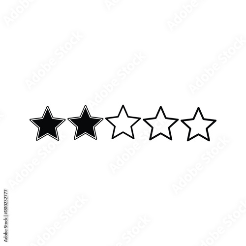 Hand drawn rating stars on white background with two filled stars and three empty stars