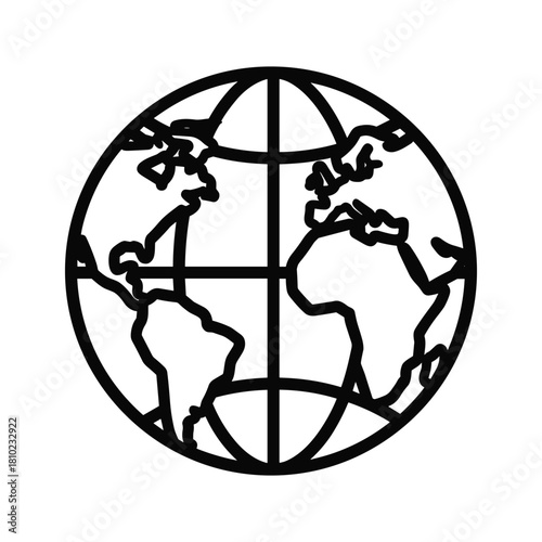 Stylized outline of the earth with continents and grid lines in a simple black and white graphic