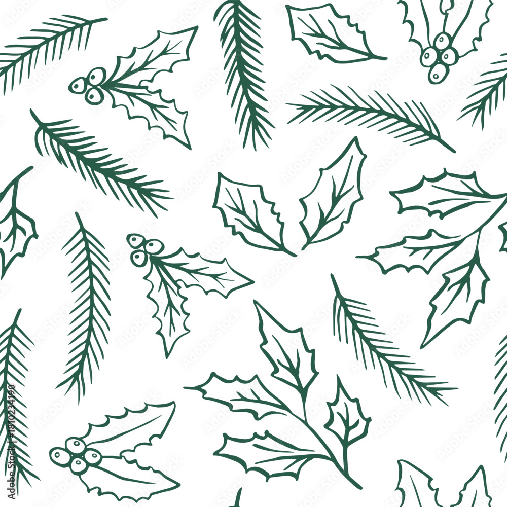 Fototapeta Whimsical Christmas retro vector pattern. New year hand drawn pine tree branches background