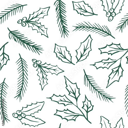 Whimsical Christmas retro vector pattern. New year hand drawn pine tree branches background