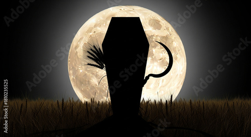Dark silhouette of a coffin with scythe and creature against a full moon.
A dramatic, highly stylized, and dark silhouette image set against a massive, bright full moon and an inky black sky
