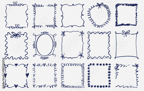 Whimsical hand drawn frames with wavy squiggle, curly ribbon borders in playful vintage style set. Creative doodle vector frames for trendy invitations, greeting cards, posters, decorative design.