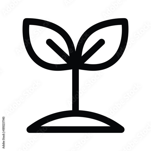 Simple black and white line art icon of a young plant sprouting from the soil