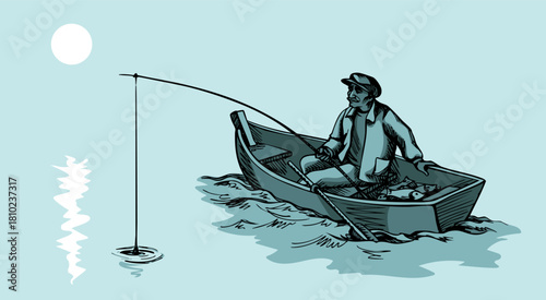 Vector drawing. Fisherman in the boat