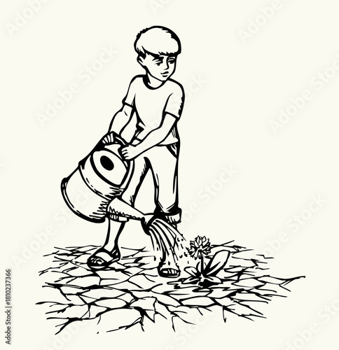 A boy waters a plant from a watering can