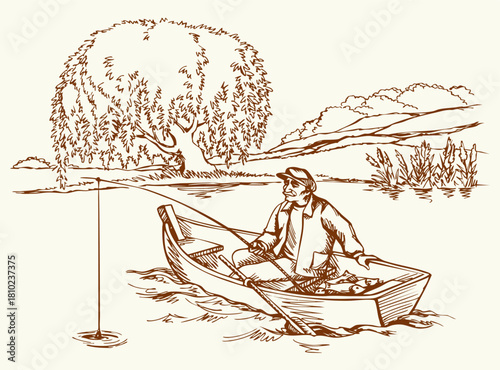 Vector drawing. Fisherman in the boat
