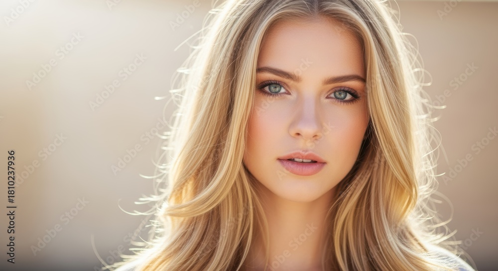 Naklejka premium Close-up portrait of a young woman with long blonde hair and captivating blue eyes. Soft natural lighting creates a warm glow. Perfect for beauty, fashion, and lifestyle projects.