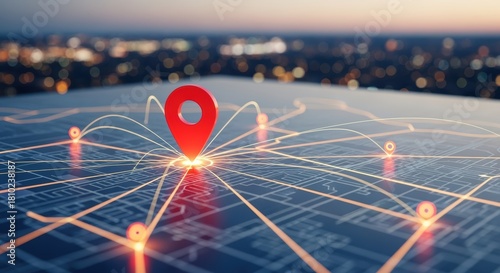 Night cityscape with navigation pin on map overlay, suggesting urban tech and transport.