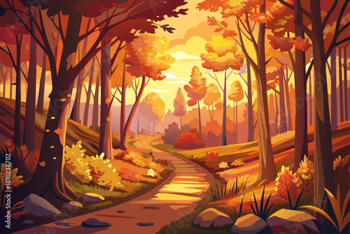 A golden autumn forest trail that glows in the sunset, surrounded by vibrant fall foliage, warm seasonal colors, a peaceful nature landscape, a tranquil scenic hiking trail that captures the beauty of