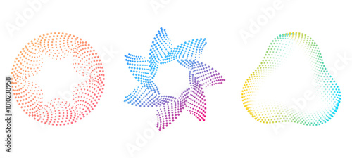 Gradient circular dotted rings. Multicolored speed swirl shapes with concentric halftone motion for digital interface and modern vector frame design.