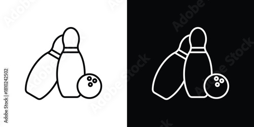Bowling icons pack. Set of black and white liner stroke symbols