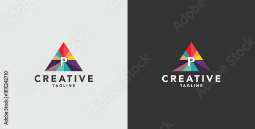 Digital colorful abstract icons, elements and symbols with initial P logo, template