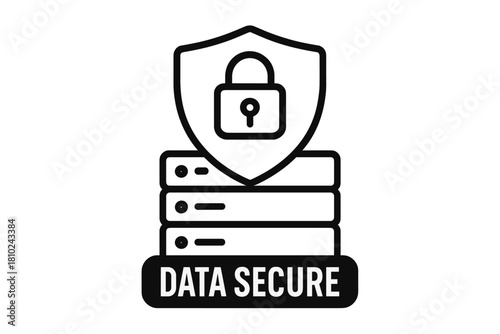 Digital data security shield protecting server racks with a locked padlock symbol
