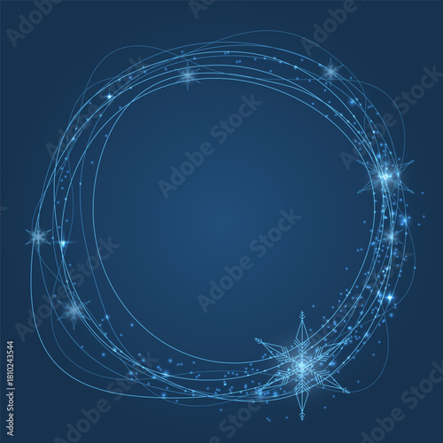 A glowing winter circular frame with sparkling snowflakes on a deep blue background. Elegant frosty lines, shimmering particles, and a festive magical design perfect for holiday cards, invitations, an