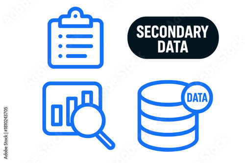 Secondary data analysis and research concepts with clipboard, database, and chart symbols