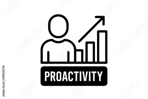 Human figure with rising bar chart and upward arrow symbolizing proactivity and business growth