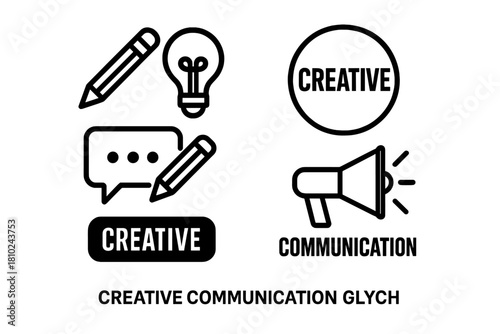 Minimalist glyph symbols representing creative thinking and effective communication