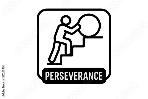 Black and white icon of a person pushing a large circular object up a flight of stairs